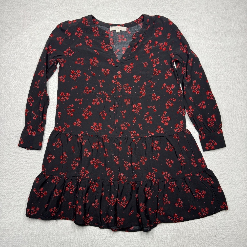 Ann Taylor LOFT Floral Print Tunic Midi Dress Black & Red Long Sleeve Women's M‎